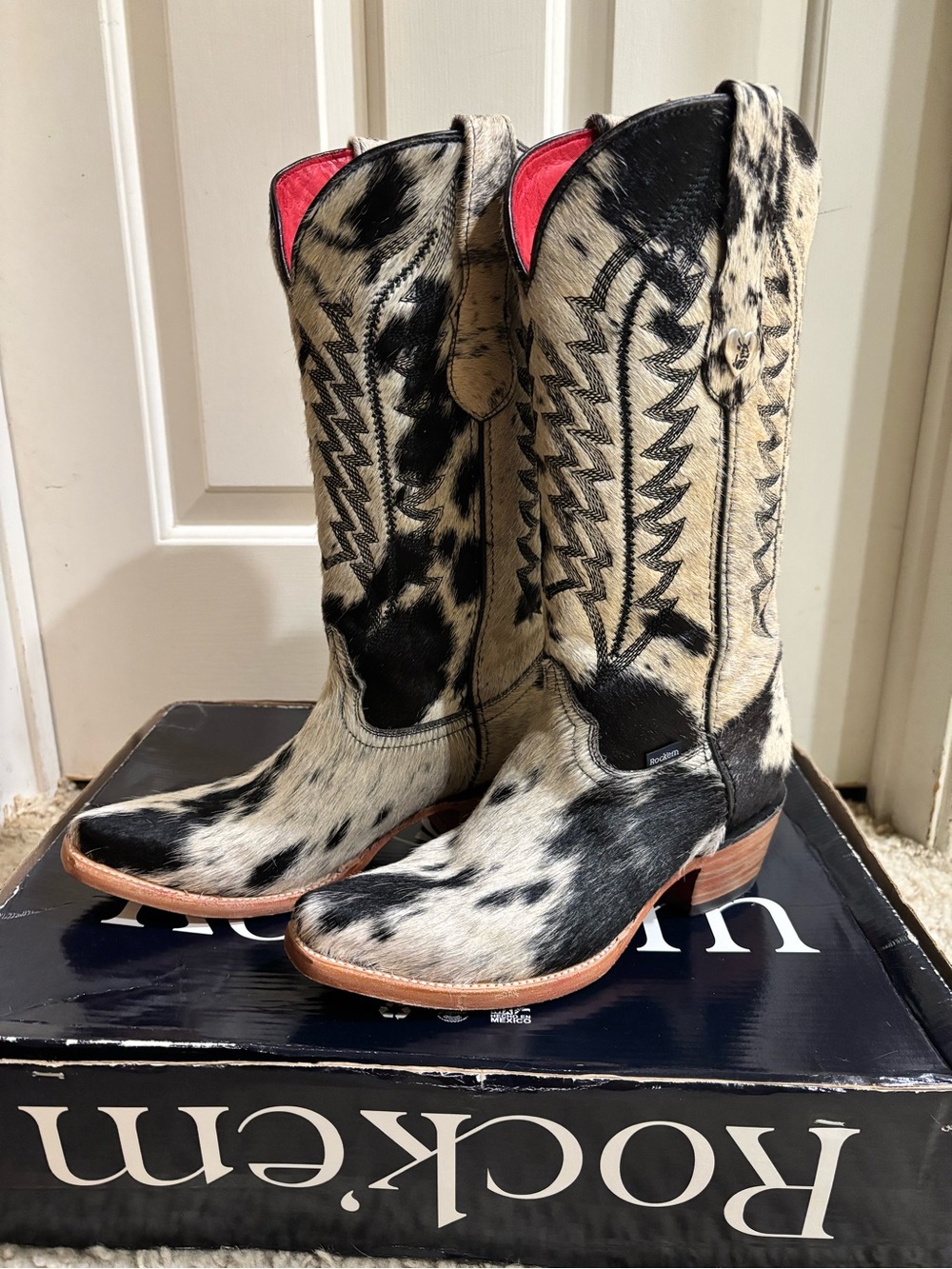 Cowhide Black & White Western Boots with Pink Pull Tabs ** ONLY WORN ONCE**